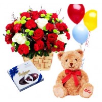 Flowers with Chocolates, Teddy Bear and Balloons